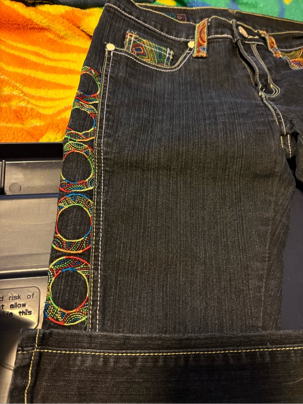 Coogi Dark Wash Jeans with Colorful Embroidered Trim - Picture 2 of 9